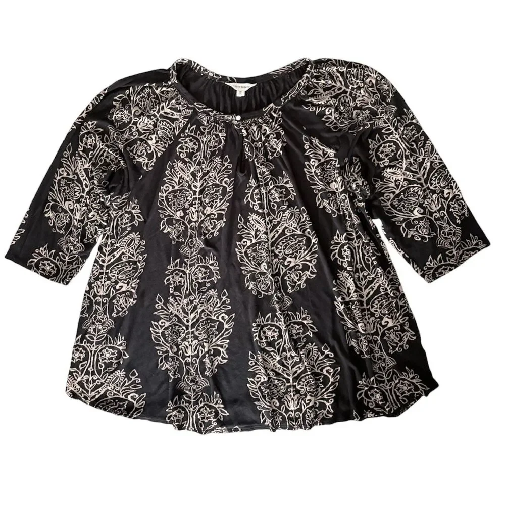Lucky Brand 3X Black + Tan Damask Floral Peasant Blouse 3/4 Sleeve 100% Viscose